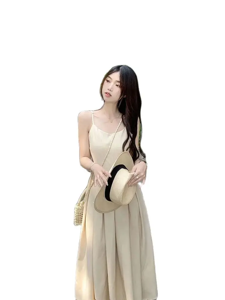 Vestido Midi sin mangas de Corea para mujer, ropa Vintage suave, Simple, elegante, dulce, de verano, temperamento