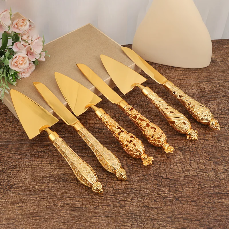 

Food Baking Tool Light Luxury Golden Knife and Spatula Set Hollow-Out Handle Triangular Pizza Shovel Cake Dessert Spatula Set