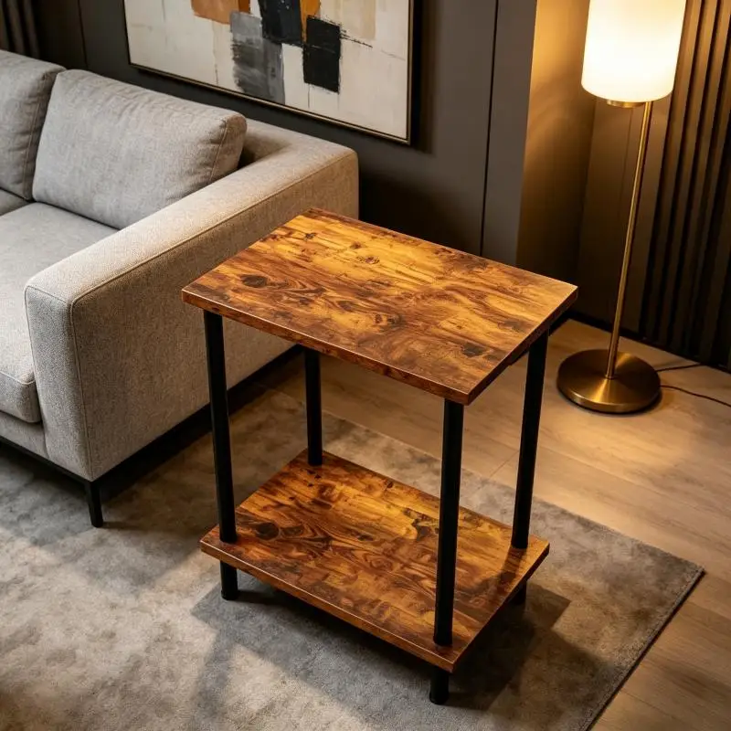 Industrial 2-Tier Side End Table, Rustic Wood Top Black Metal Frame Nightstand, Multifunctional Storage Side Table for Living Room Bedroom Sofa Corner Small Space
