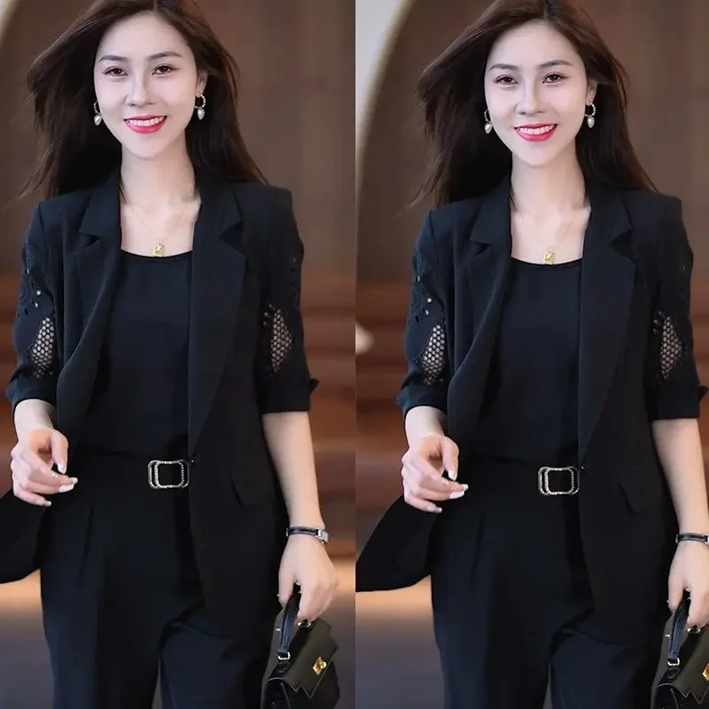 Autumn New Vintage Hollow Short Sleeve Jacket with Tank Top Casual Pants Three Piece Elegant Women\'s Pants Suit Office Set Style