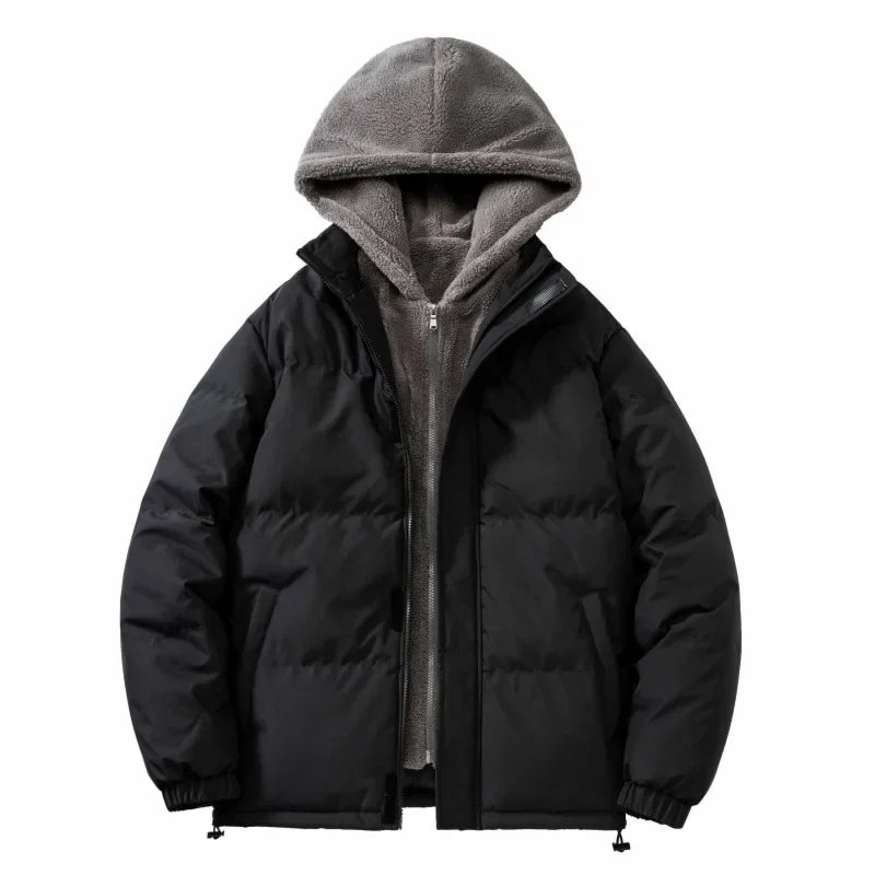 

2025 Winter Hooded Spliced Parkas Men Fake Two Pieces Parka Patchwork Outerwear Jackets Loose Zipper Pockets High Street