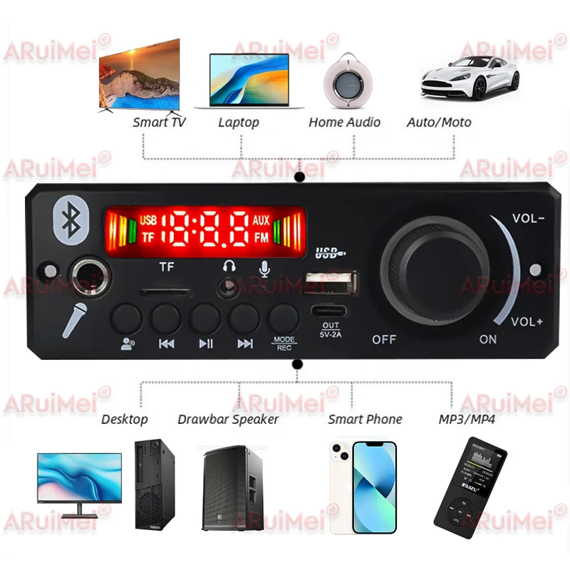 ARuiMei 160W 2 * 80W Amplifier Board Bluetooth 5.0 MP3 Decoder USB/TF/FM Car Stereo 8-24V Call Recording Folder Switching