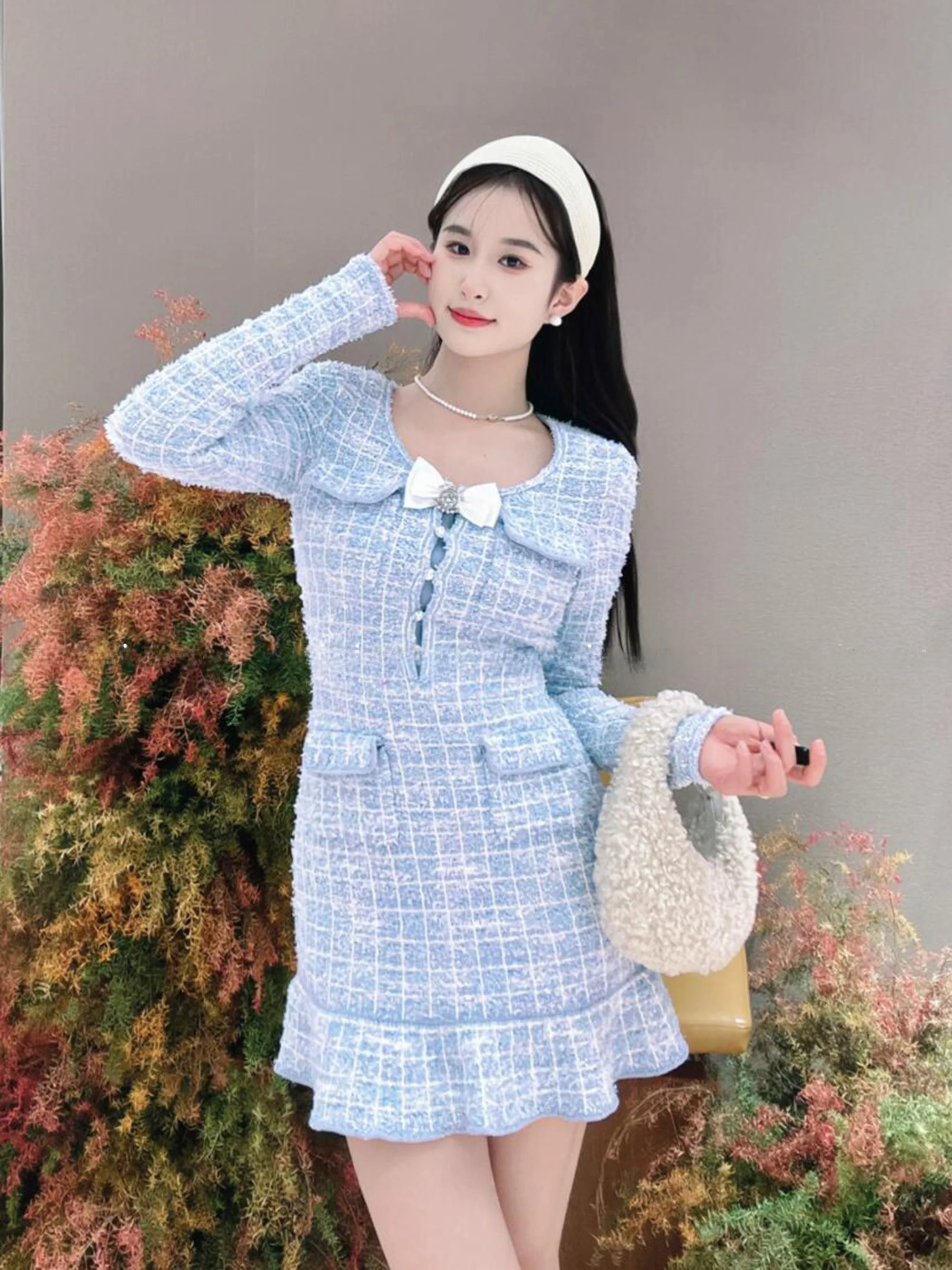 Wiosenna Nowość SP Home Dzianinowa Spódnica z Paskiem, Wysoki Stan, Okrągły Dekolt, Krata, Krój A-Line, Długa, Długość do Połowy Łydki, Motyl...