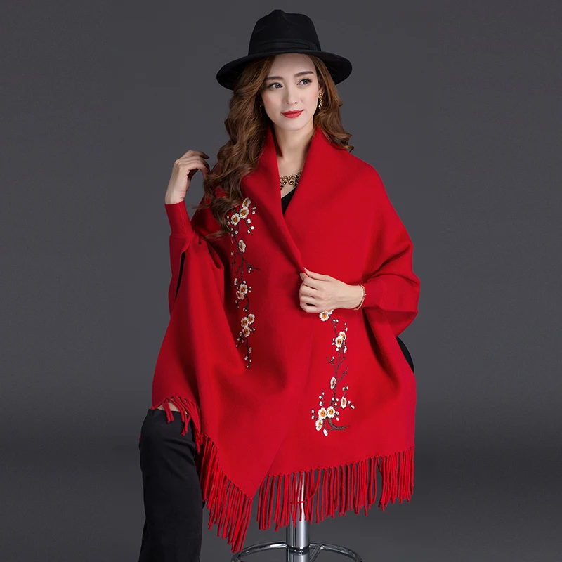 Autumn Winter Can Wear Shawl Scarf Dual-use Embroidery With Sleeves Wool Cashmere Thick Tassel Cloak Female