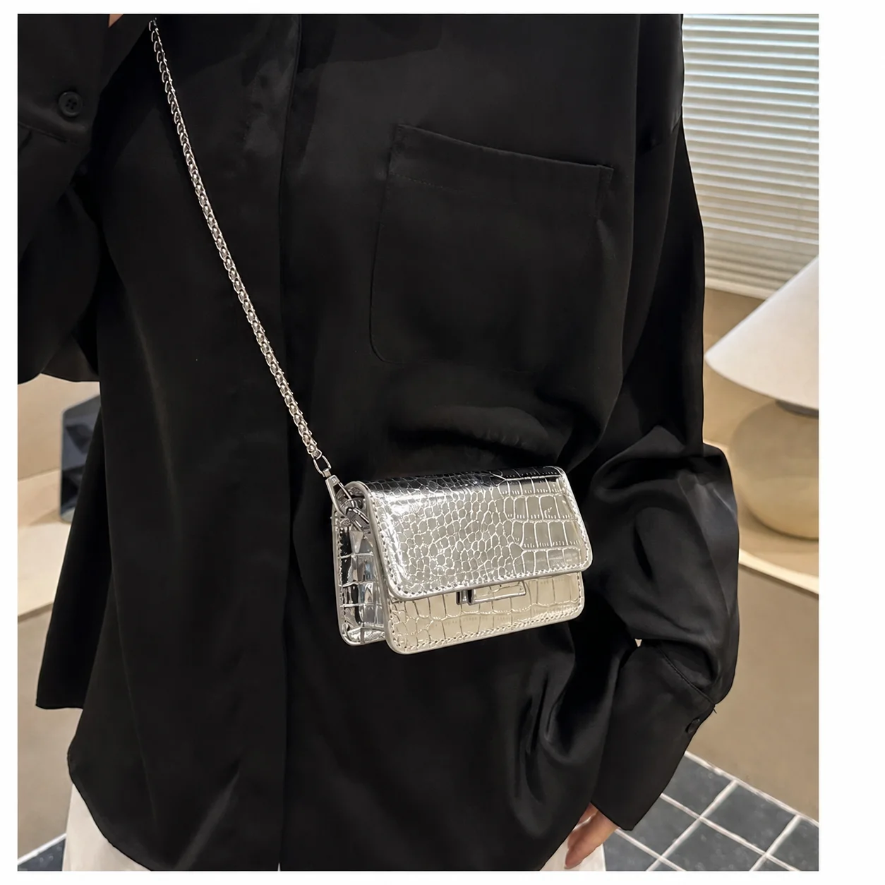 Chain Strap Bag Square Pu Leather Bag Crocodile Embossed Bag Crocodile Embossed Women'S Handbag For Retro Outfits Women Casual
