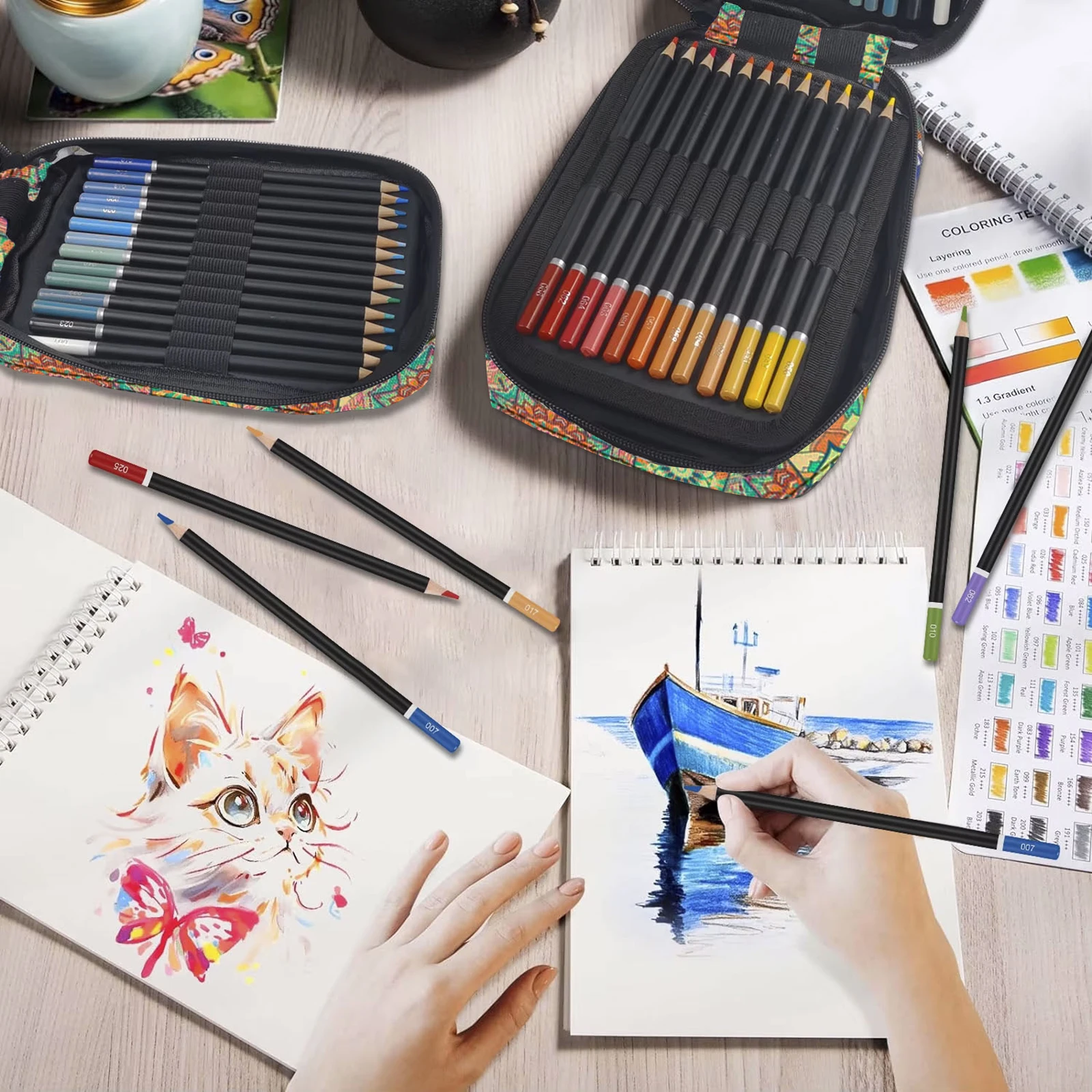 72/120 Colored Pencils Set with Portable Zippered Travel Case,Sketchbook,Oil-Based Soft Core,Professional Art Supplies