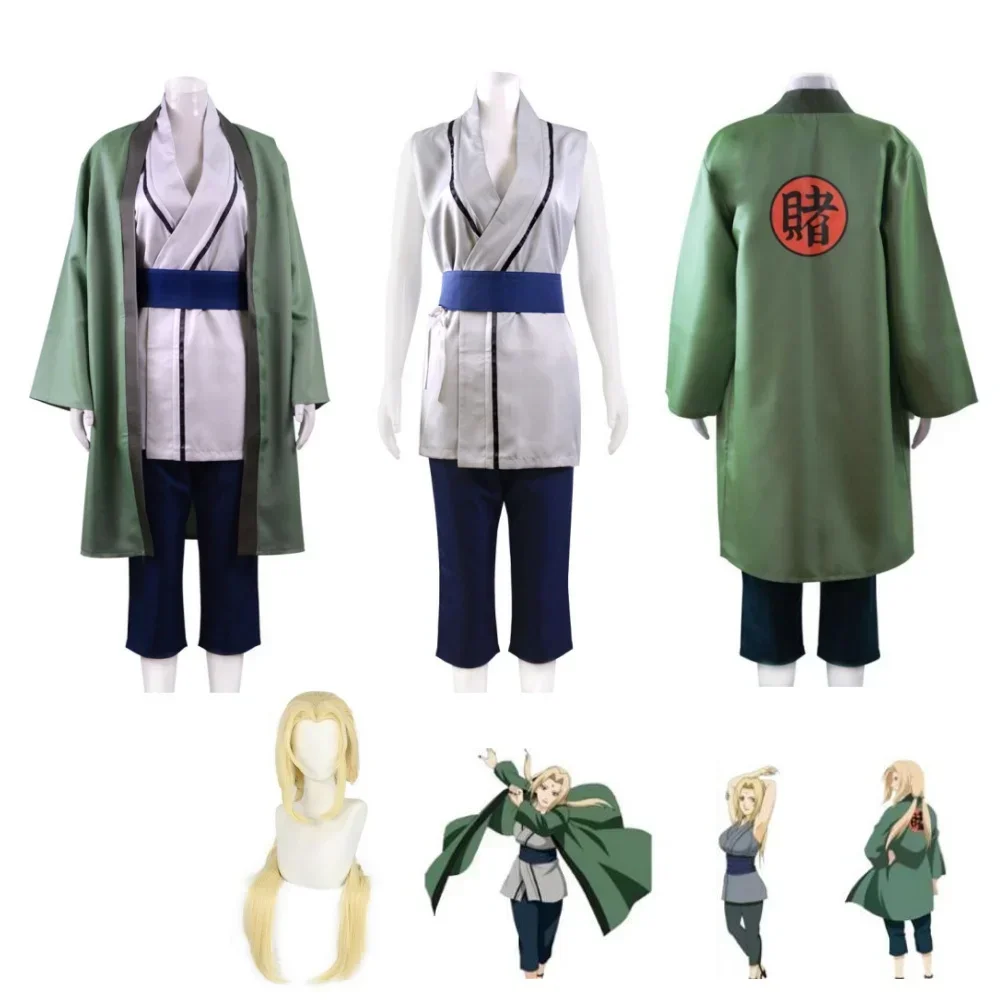 Anime Ninja Tsunade Cosplay Costume Wig Women Uniform Kimono Top Pants Coat Suit Halloween Carnival Unisex Outfit Cheongsam