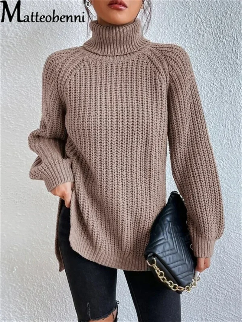 2023 Fashion Knitted Pullover Elegant Solid Color High Neck Sweater Women Winter Casual Loose Warm Thick Section Commuter Jumper