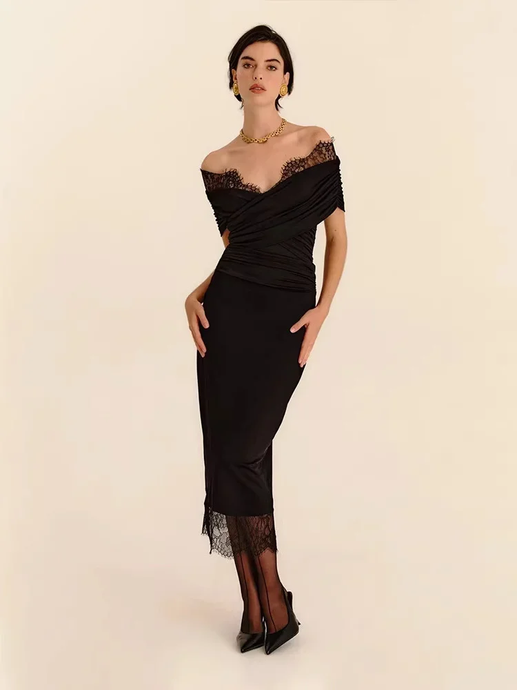 

Black Lace Patchwork Long Dress For Women Printed Elegant Fashion Commute Party Dress Gown Female Summer Lace Maxi Dress