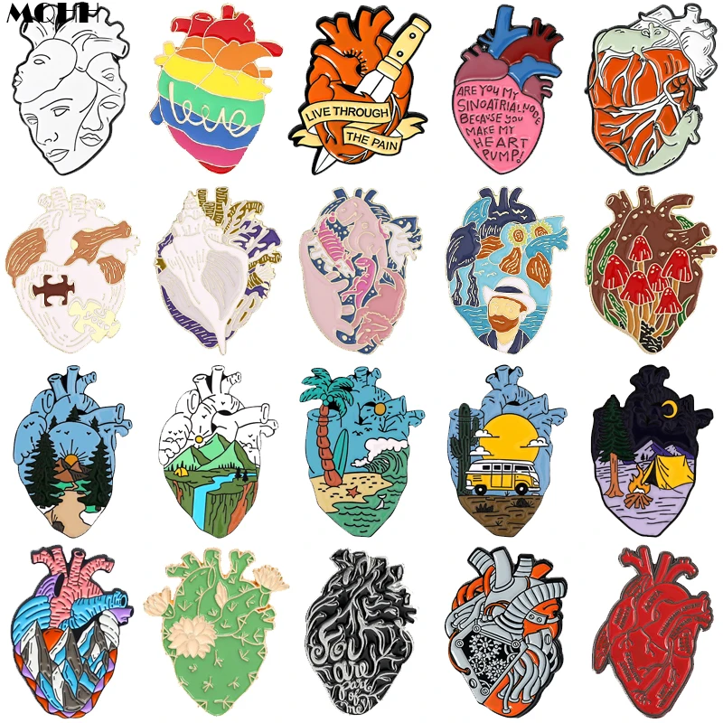 Cartoon Lovely Organ Heart Enamel Pins Love Color Oil Painting Plant Animal Scenery Sun Heart Alloy Brooch Badge Jewelry Gift