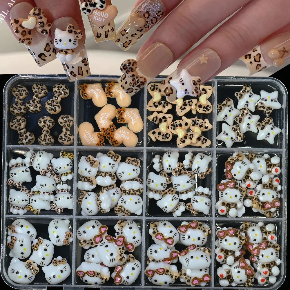 ชาร์มเล็บลายเสือดาว 3 มิติ 12 ช่อง ลายคิตตี้ น่ารัก ลายเสือดาวผสมโบว์ คุโรมิ มายเมโลดี้ ตกแต่งเล็บด้วยเพชร