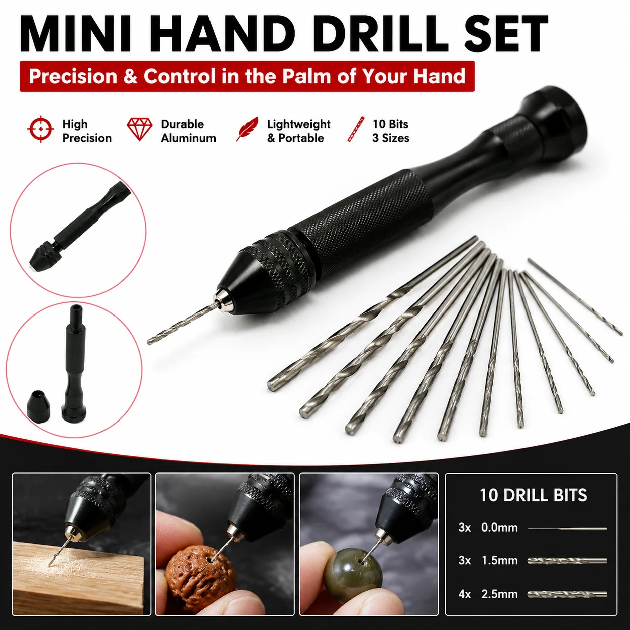 

High Quality Mini Micro Aluminum Hand Drill With Keyless Chuck +10x High Speed Steel Twist Drills Rotary Tools Wood Drilling