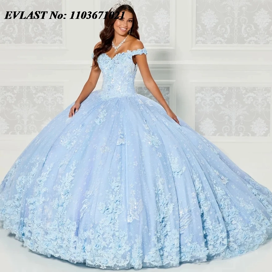 Evlast Blue Quince anera Kleid 2024 Ballkleid 3d Spitze Applikation Perlen Kristall mit Cape Korsett süß 16 Vestidos de 15 Anos sq231