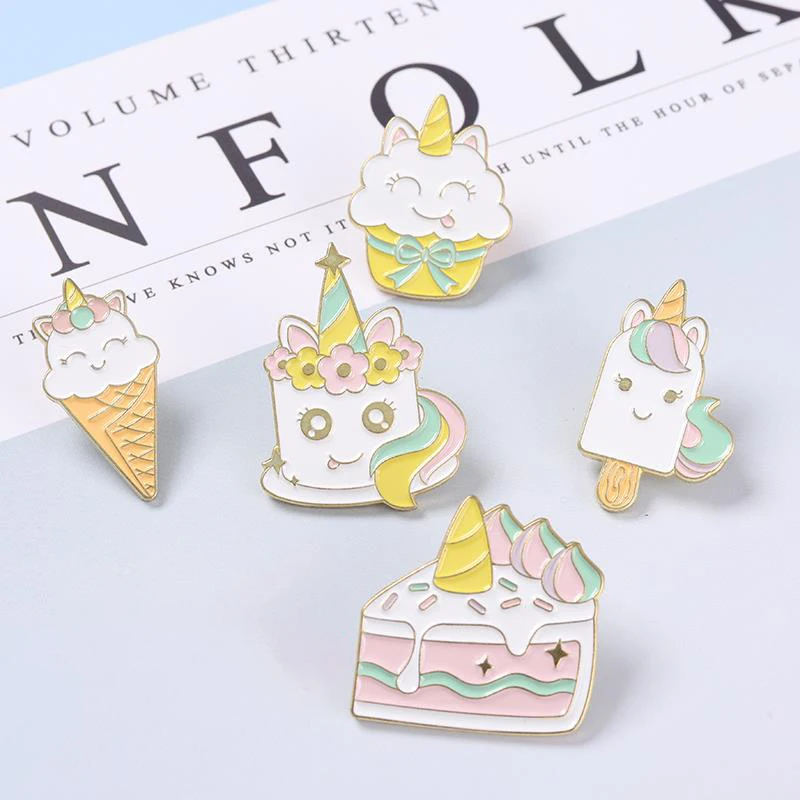 Ice Cream Enamel Pins Custom Brooches Sweet Pink Horse Aniaml Cartoon Dessert Lapel Badge for Bag Hat Gift to Girl Boys