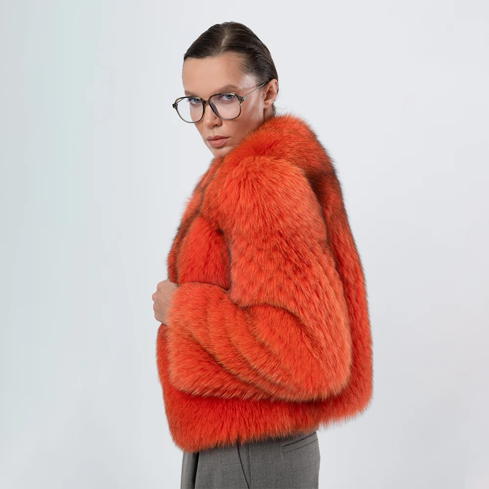 Winter Women Real Fox Fur Short Coat Luxury Fashion Orange Natural Fox Fur Jacket Outwear Whole Skin Warm Thick Overcoat