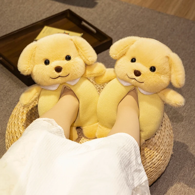 Cute waterproof sole yellow cream poodle filled animal plush warm home cotton slippers beautiful Shiba Inu office ladies slipper