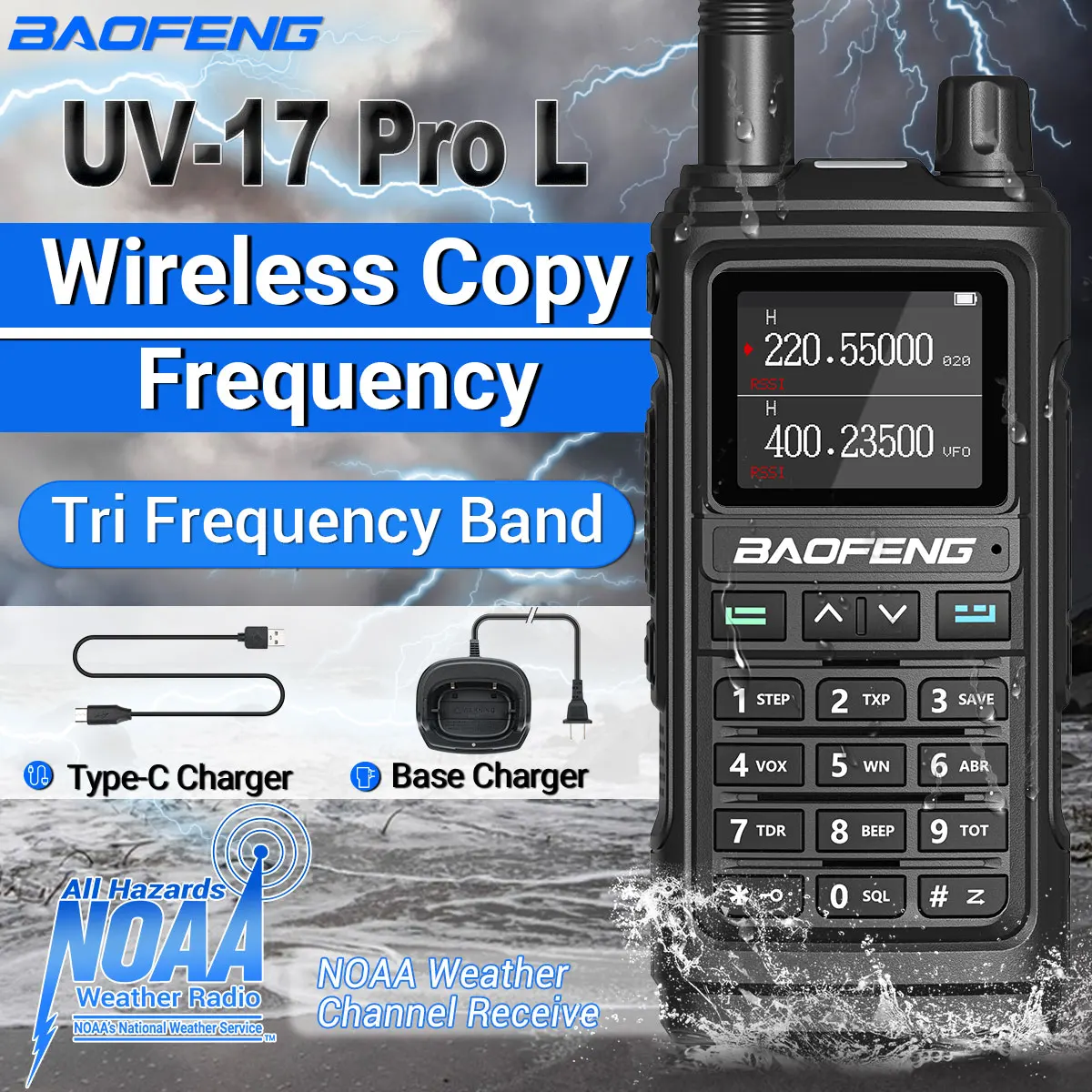 

Baofeng UV-17L Pro Tri Band Wireless Copy Frequency Two Way Radio Long Range NOAA V/UHF Type-C Charging Walkie Talkie