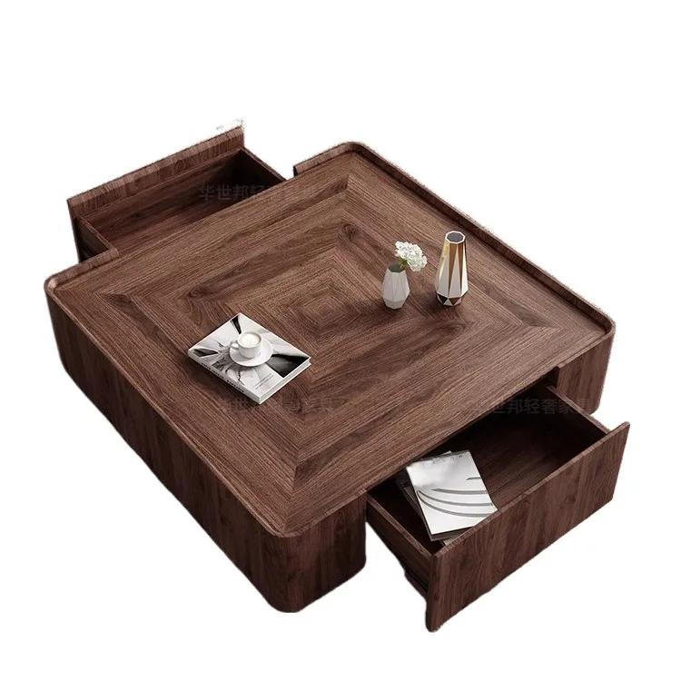 Italian Minimalist Light Luxury Modern Living Room Furniture Walnut Color Square Storage Solid Wood Coffee Table