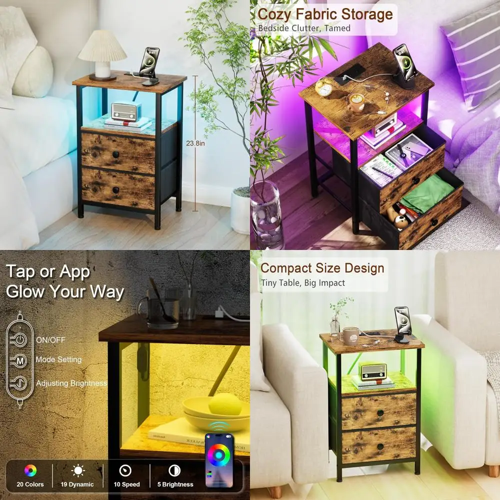 

Прикроватная тумбочка для спальни с зарядной станцией и 2 ящиками, светодиодной подсветкой, USB-портами и розетками, коричневая