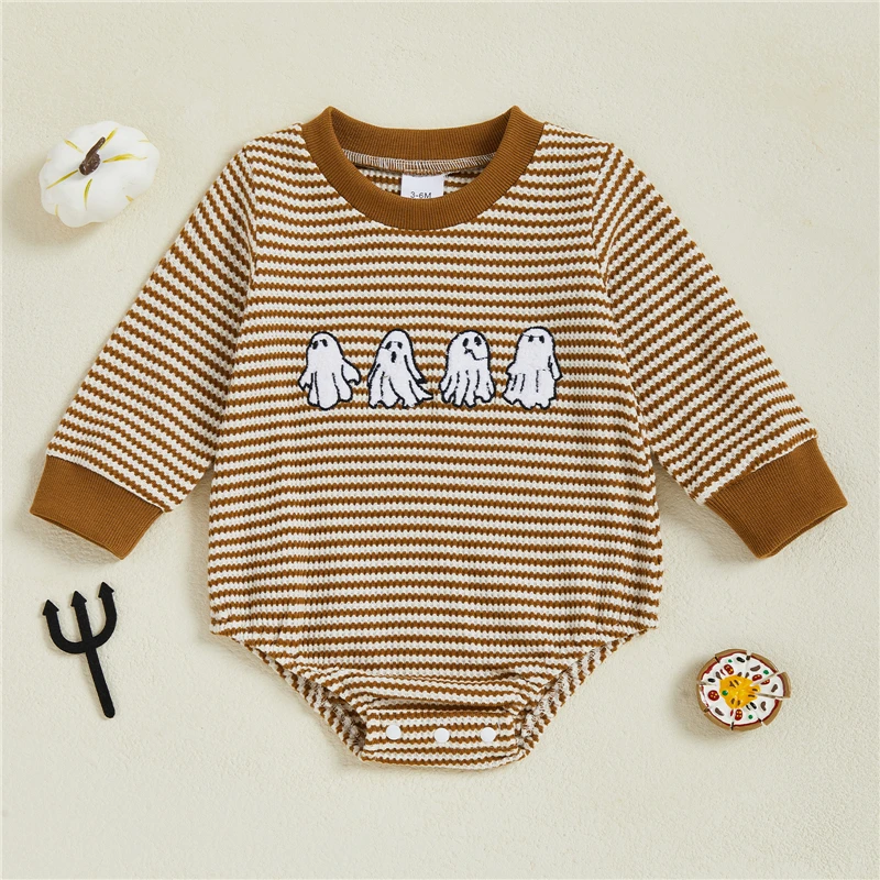 Baby Girls Halloween Romper Casual Long Sleeve Round Neck Ghost Embroidery Striped Jumpsuit Infant Toddler Outfit Clothing