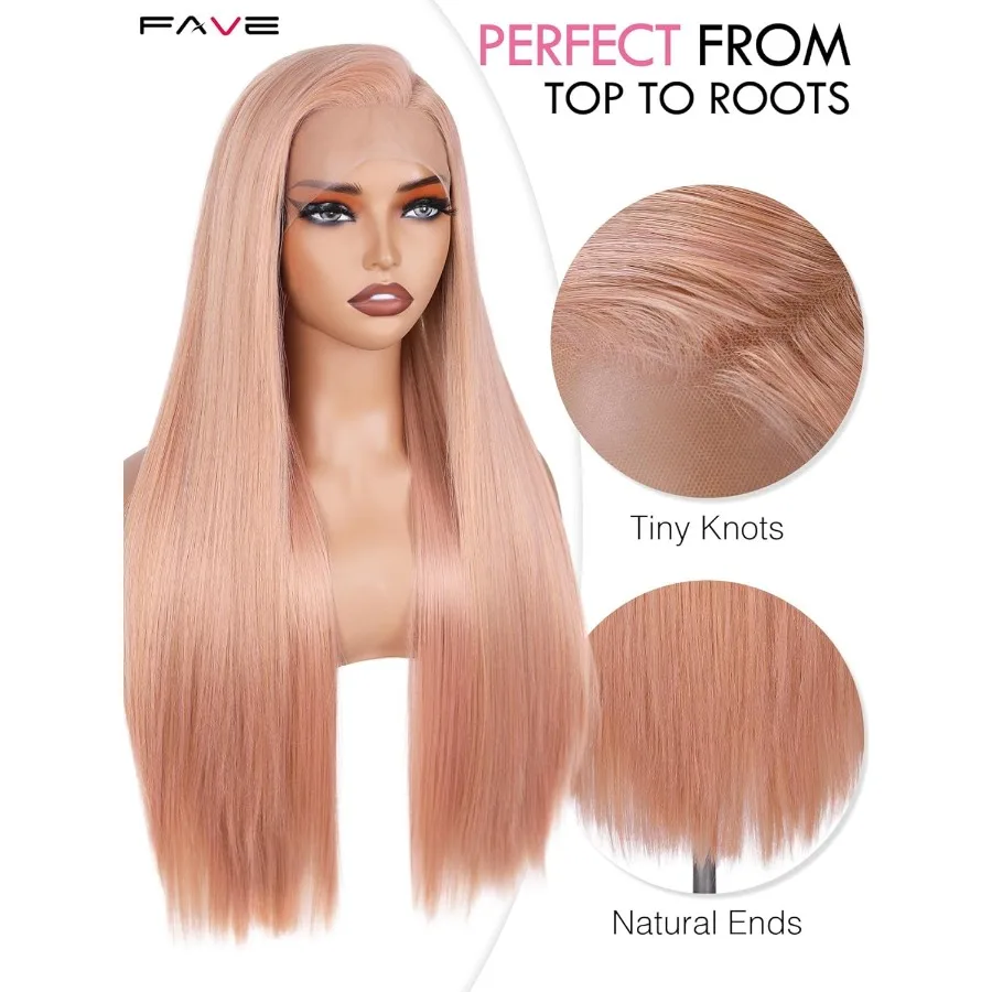 26 شعر مستعار طويل مستقيم وردي مع دانتيل أمامي شفاف عالي الدقة 13 × 4 للنساء باروكات صناعية بدون صمغ للاستخدام اليومي والحفلات بشكل طبيعي