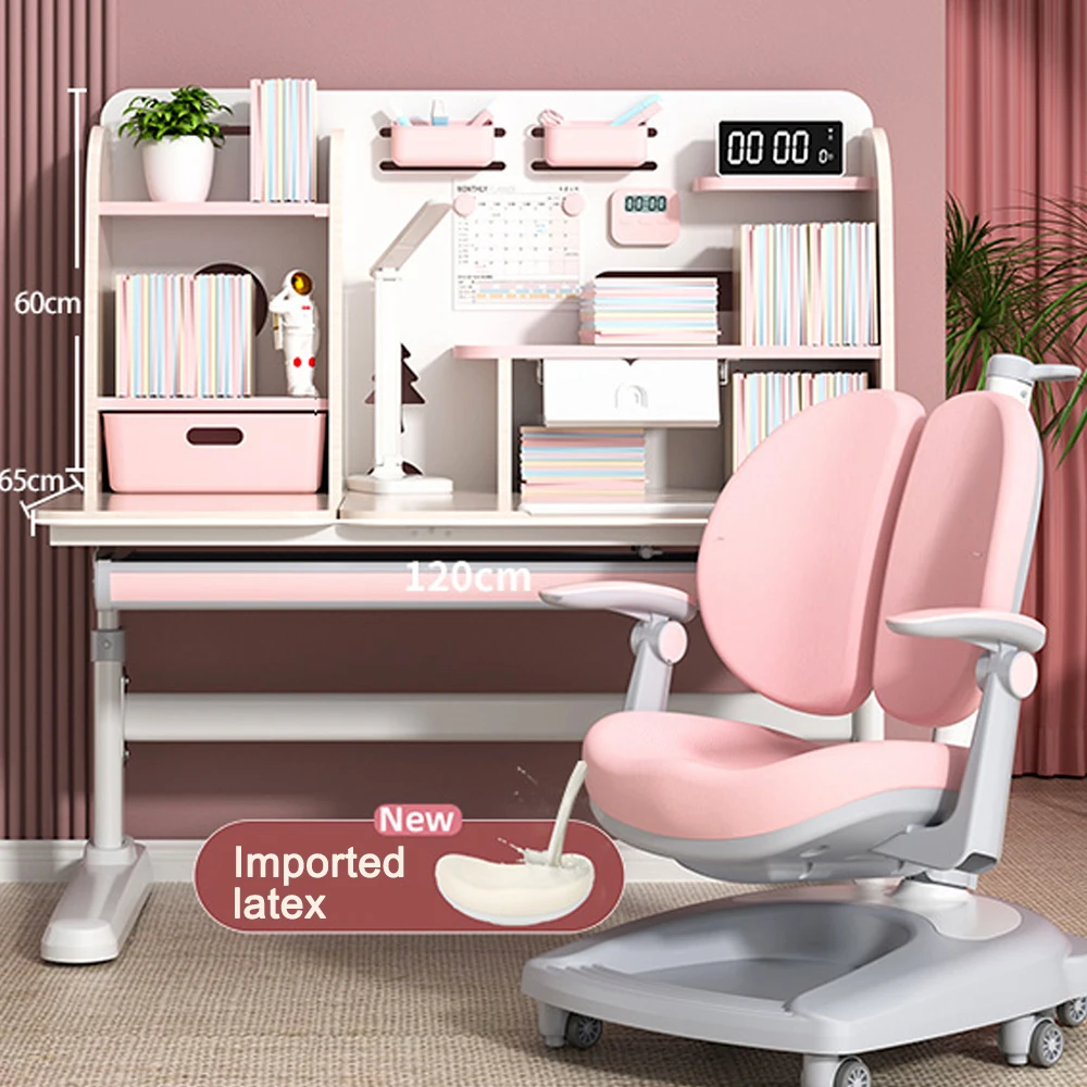 

Wooden Child Height Adjustable Multifunctional Children Learning Desk Chair Ergonomic Studying Table for Kids with Bookshelf