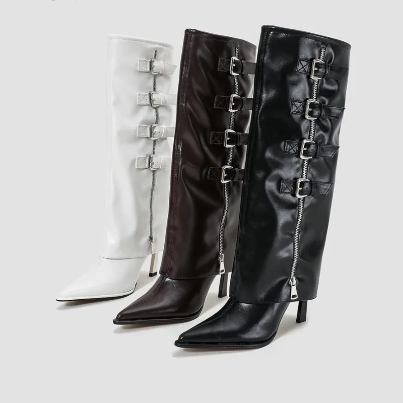 

Fashion Women's High Boots Design Sense Belt Buckle High-heeled Trouser Boots Women's Leather Pants Boots Сапоги Трубы Женские