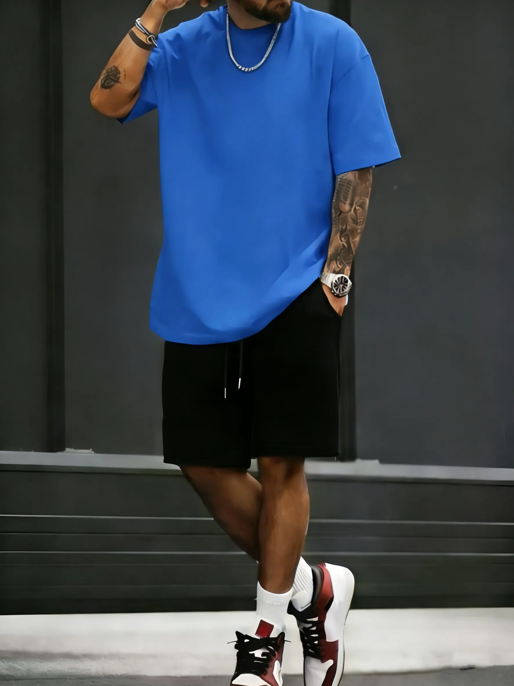 

Summer Cotton Street T-Shirt Suit Men Oversize Daily Shorts Gym Loose Sportswear Trendy Hip Hop Clothes Sport Pocket Short Pants