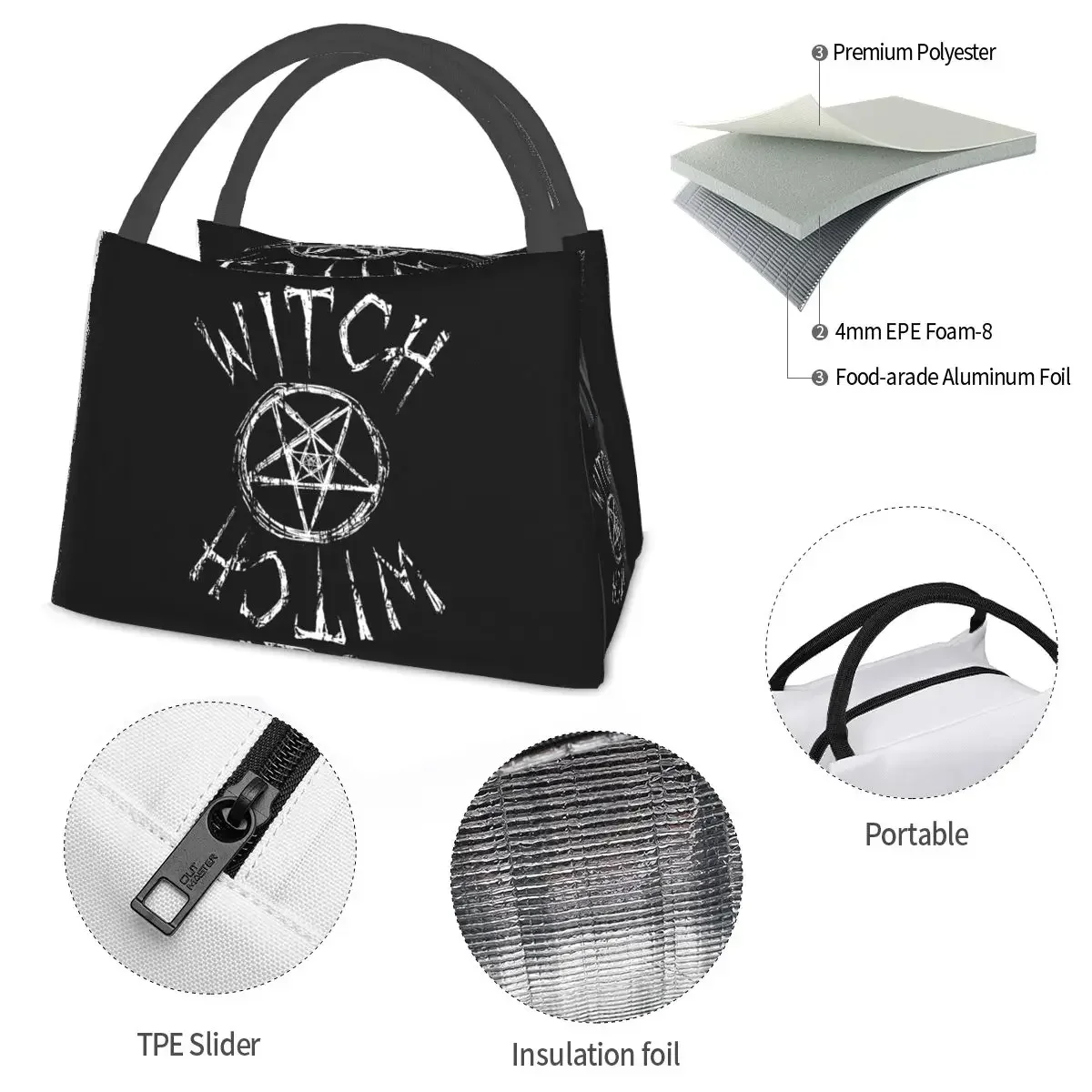 Distressed Witch In White Lunch Bags Insulated Bento Box Portable Lunch Tote Picnic Bags Cooler Thermal Bag for Woman Girl Work