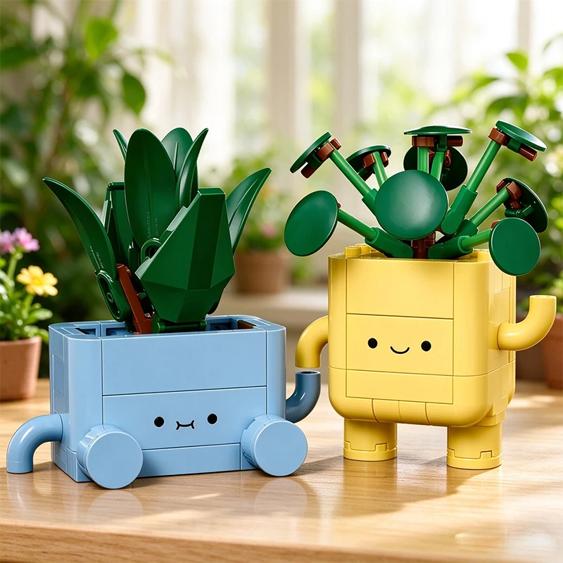 MOC Customized Modular Green Potted Happy Plant Model, Suitable for Home Decoration and Holiday Gifts