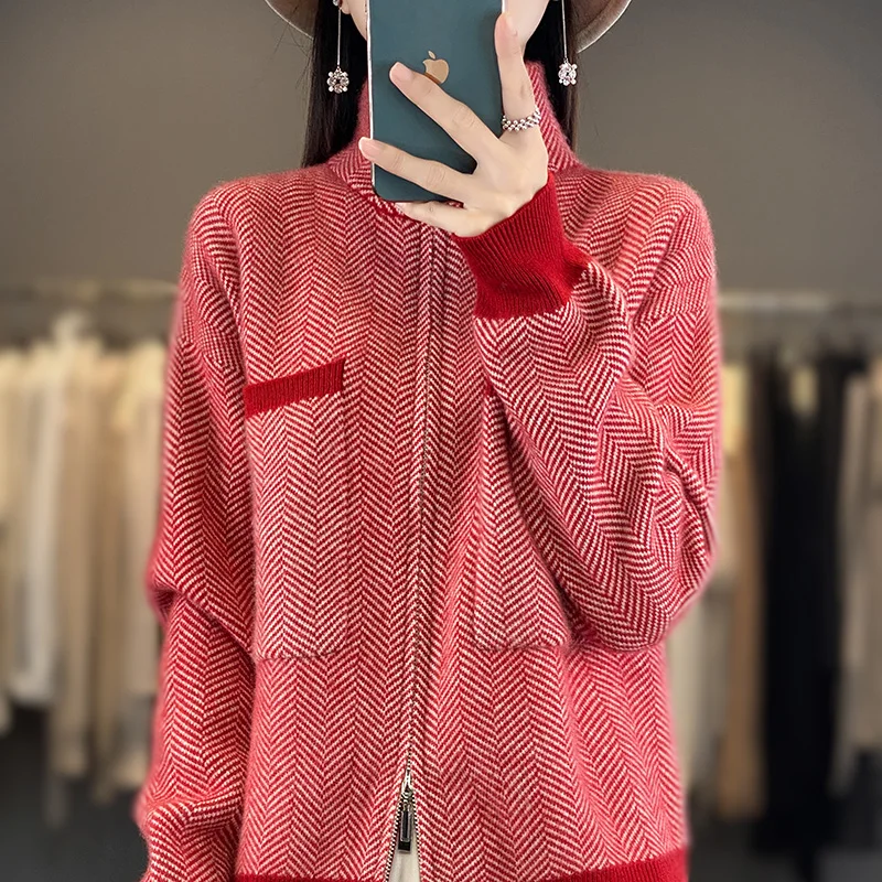 Women\'s cardigan 100% Australian wool sweater color matching knitted high neck full sleeve jacket Women\'s new pure wool sweater