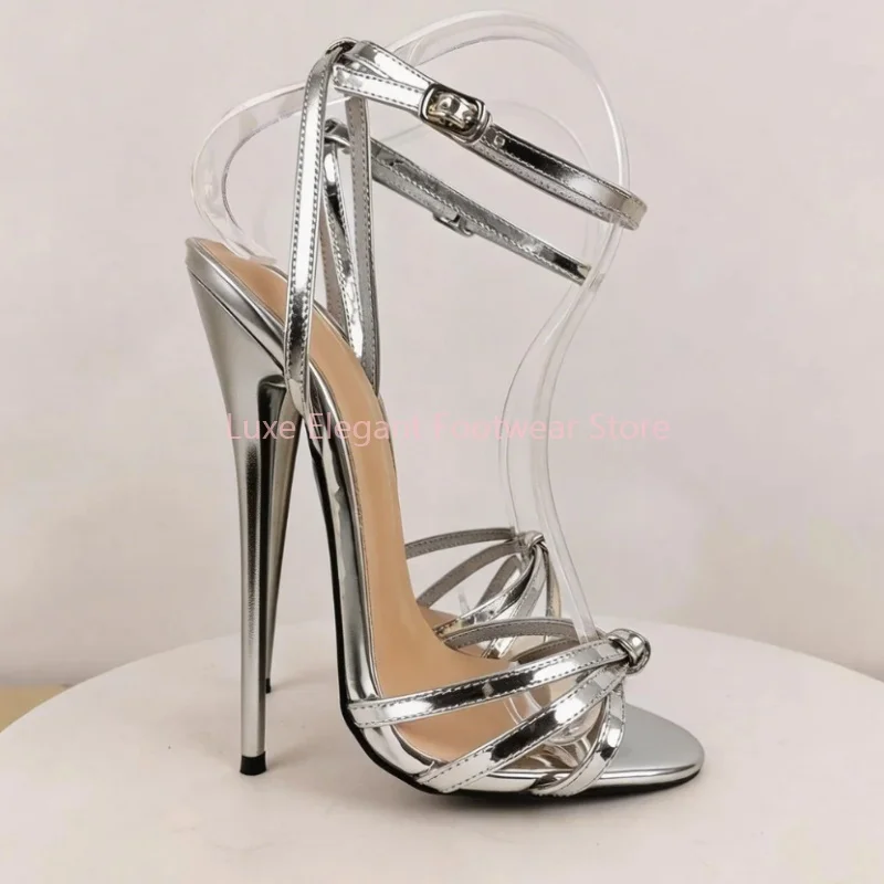 

Soild 16/14cm Peep Toe Super High Heel Sandals Women Patent Leather Strappy Thin High Heels Sexy Trendy Ankle Strap Summer Pumps
