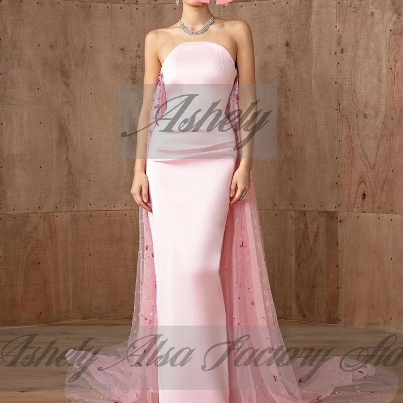 A2325 고품질 핑크 여성 이브닝 드레스 트레인 Strapless 새틴 Tulle 인어 웨딩 파티 공식 행사 맞춤형