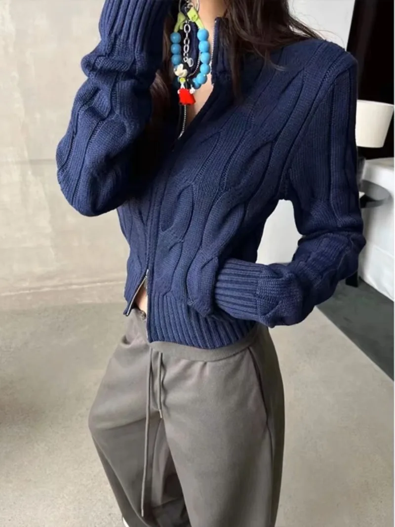 American Retro High Neck Fried Dough Twists Zipper Sweater 2024 Female Autumn and Winter Slim Short Knitting Cardigan Top