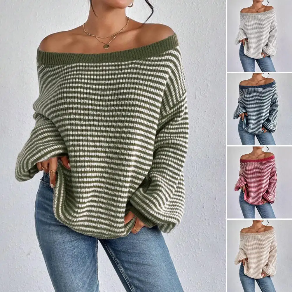 Solid Minimalist Knitting Sweaters For Women Diagonal Collar Long Sleeve Off Shoulder Pullover Sweater Female New