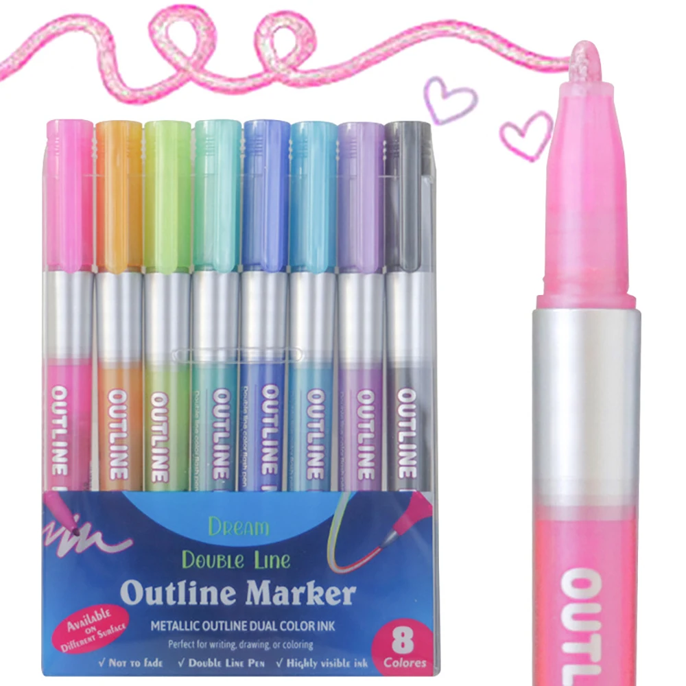 8/12 สีชุด Double Line Outline ปากกา, self-Outline เครื่องหมายโลหะ Glitter การเขียนปากกาสําหรับคริสต์มาสการเขียนการ์ด