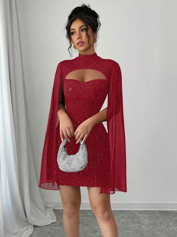 Vestido Mini Capa de Cuello Alto para Mujer con Lentejuelas Brillantes para Fiesta Nocturna Entallado Elegante Otoño Invierno 4