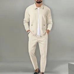 Giacca da uomo nuova POLO 2 set Manica lunga Moda casual Commerciale Traspirante risvolto, Pantaloni tirare la corda Tinta unita Uomo 2 set