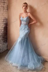 Tulle Spaghetti Strap Strapless Mermaid Evening Dresses Sheer Corset Sleeveless Prom Gown Lace Appliques Long Formal Ball Party