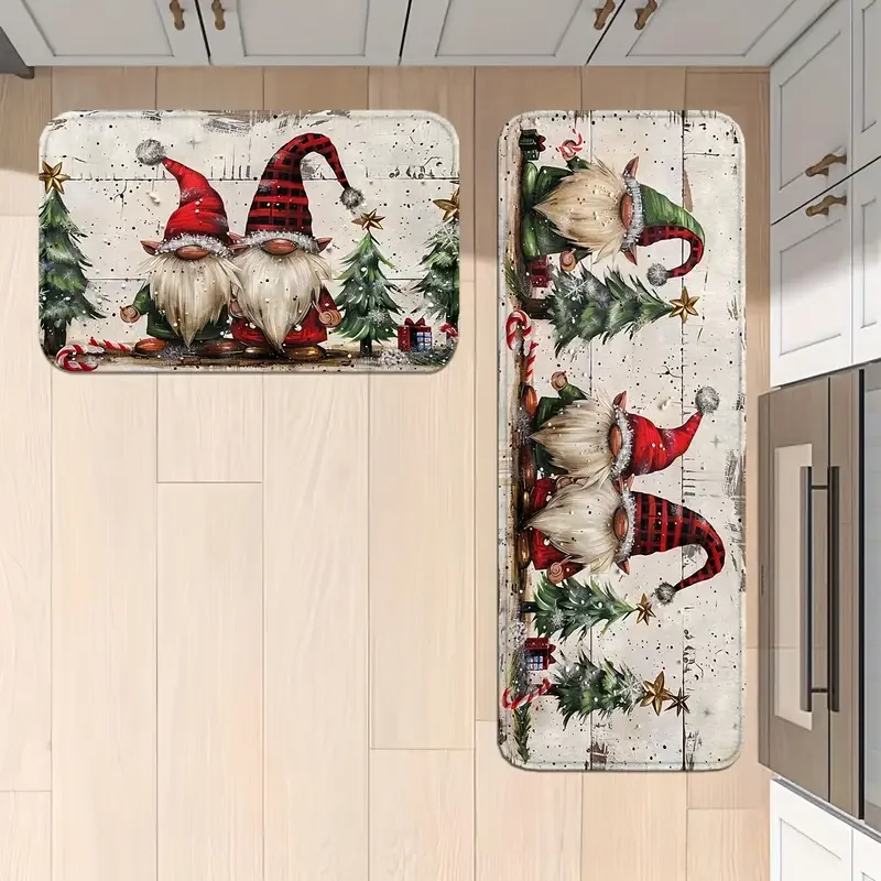 VIKAMA 2-Piece Christmas Rug Set White-Bearded Father Christmas Design Kitchen Mat Entrance Doormat Non-Slip Festive Home Decor