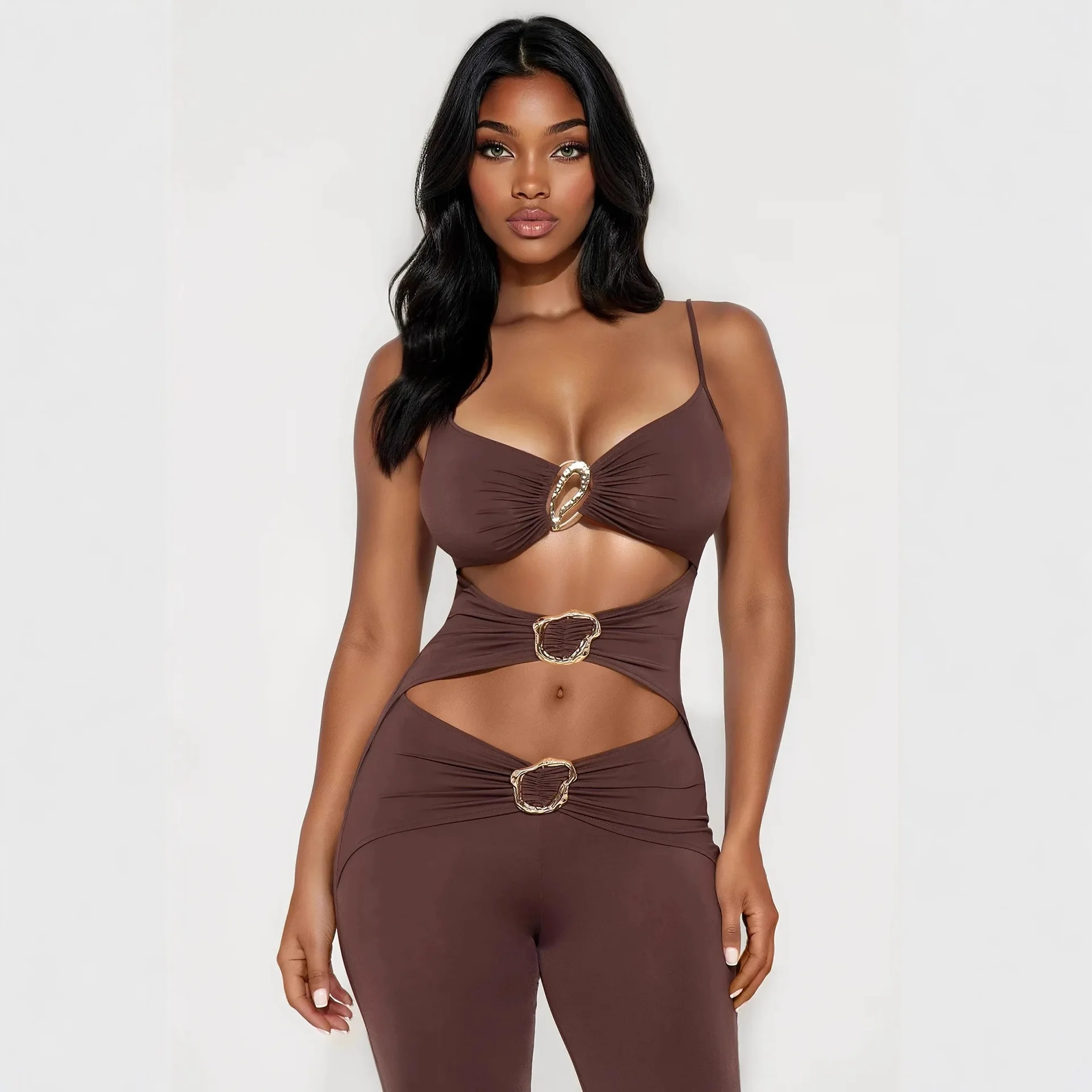 

New Cross-border Fashion Slim-fit Sexy Vacation Solid Color Metal Hollow Design Suspender Jumpsuit Jumpsuit