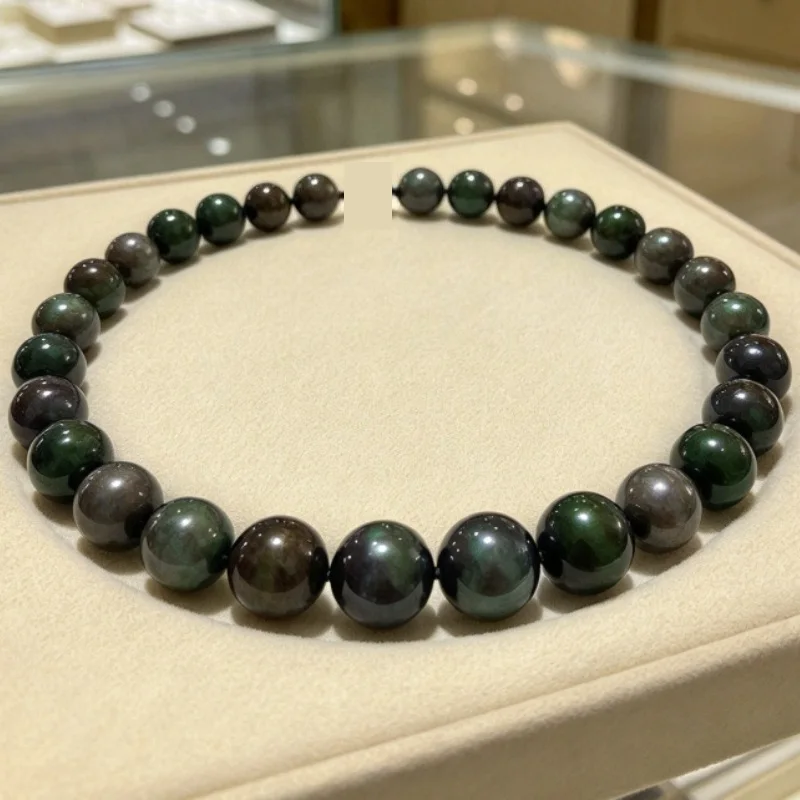 Charming Peacock Green Beaded Necklace, 12-14mm Round Beads, Single Strand, 925 Sterling Silver