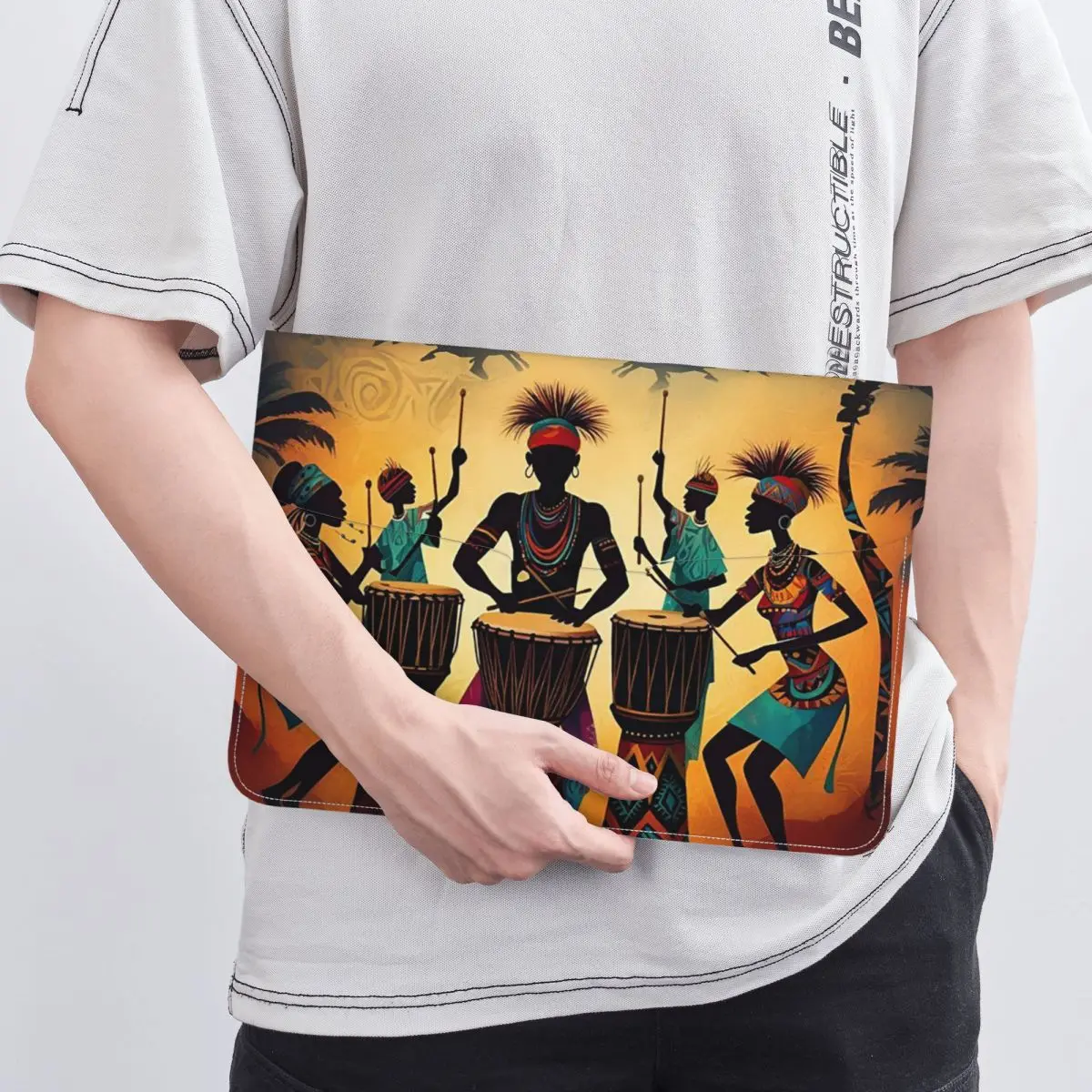 African Drum Performance Tribal PU Leather Horizontal Laptop Sleeve Shockproof Soft Lining Notebook Case 13 Inch