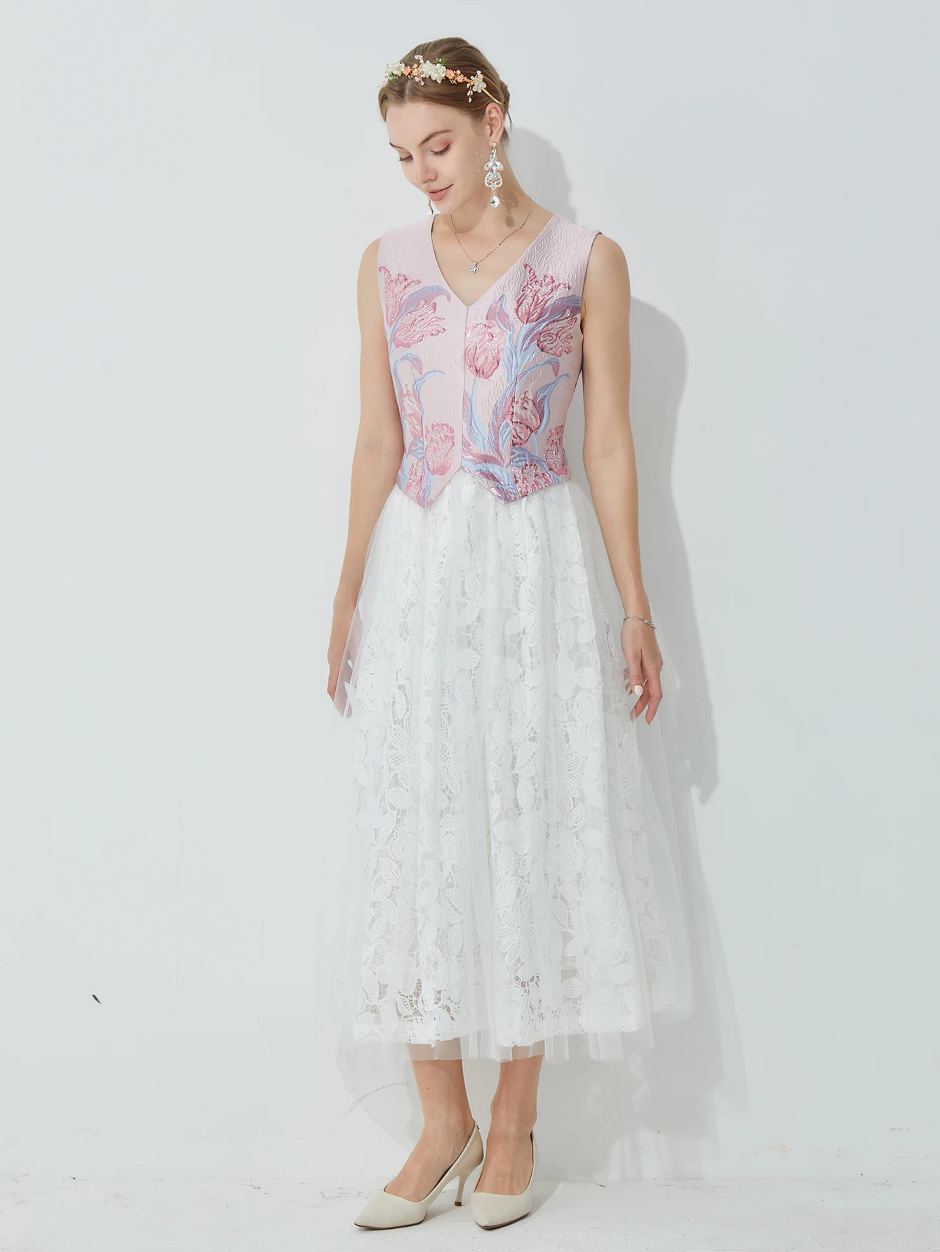 

DEVCHATA Luxury Sleeveless Lace Hollow Out Dresses Women Elegant Lace Summer Dress Embroidery Splicing Dresses Female Clothing