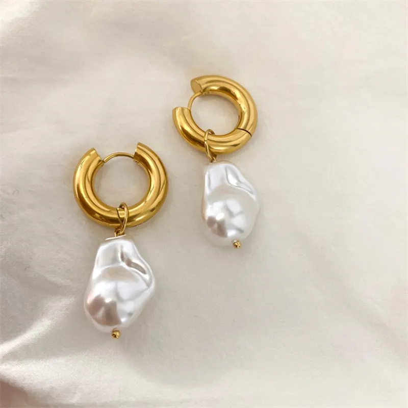 XIALUOKE Stainless Steel Earrings For Women Fashion Vintage Baroque Pearl Drop Earrings Statement Jewelry