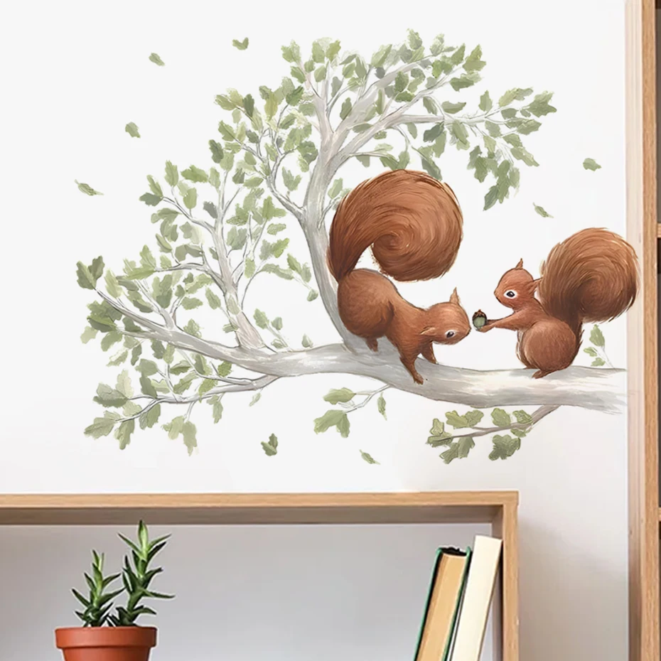 Cartoon Forest Squirrel Wall Sticker Creative Wallpaper Squirrel in a Tree Children\'s Room Nursery Classroom Decorative Stickers