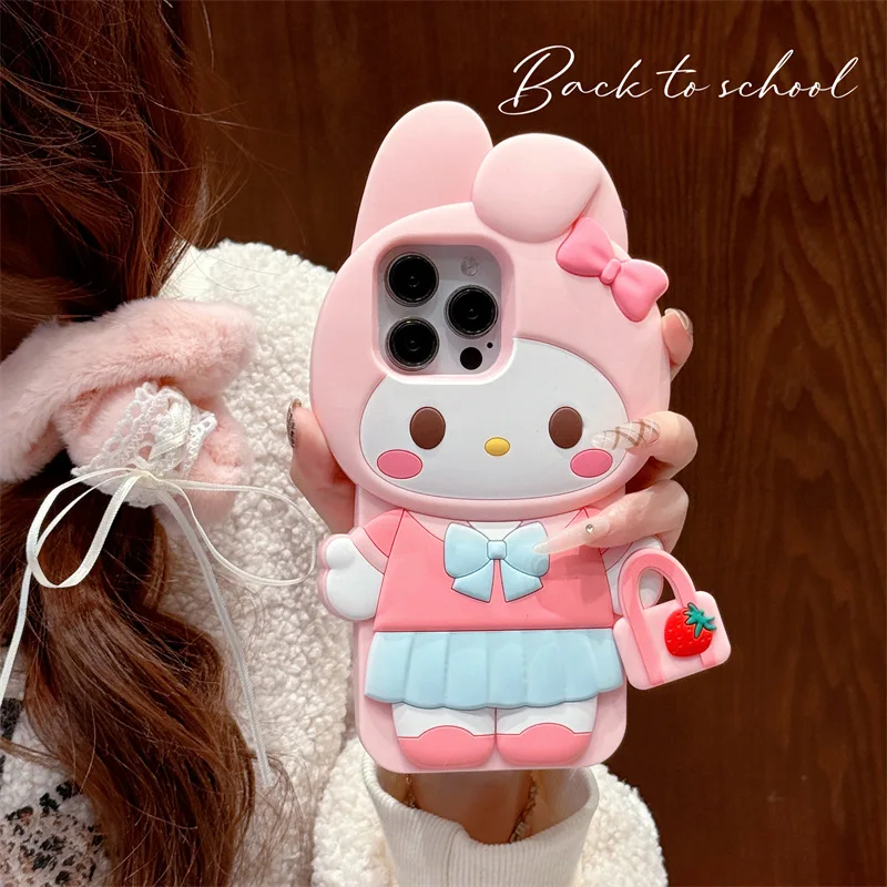 Sanrio Melody 3D Cartoon Phone Case For iPhone 16 15 14 13 11 12 Pro Max Y2K Anti Fall Soft Silicone Shockproof Cover Shell