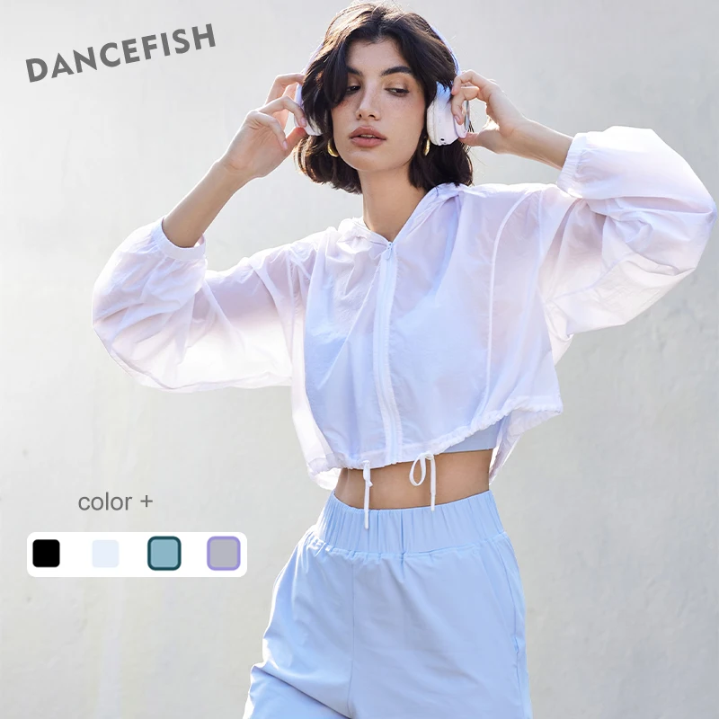 

DANCEFISH New Lightweight Yoga Jacket Loose Hooded Drawstring Sport Top Women's Thin Casual Outdoor Long Sleeve Summer Jacket