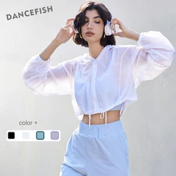 Dancefish-女性用軽量長袖ヨガジャケット、ルーズフード付き巾着、薄いスポーツトップ、カジュアルアウトドア、夏、新品