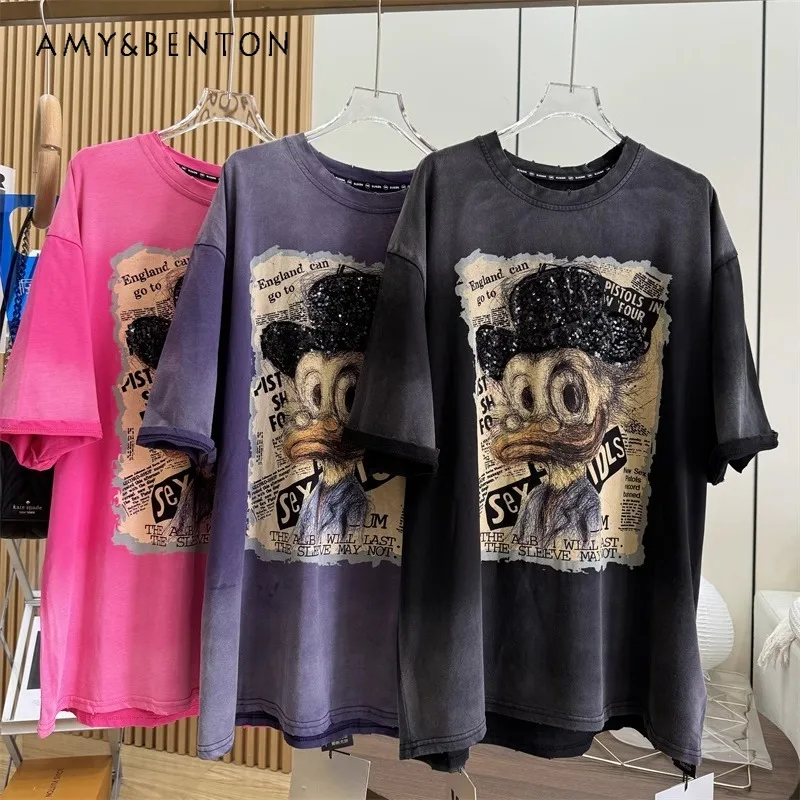 

Distressed Short-Sleeved T-shirt 2024 New Summer Cartoon Sequins Design Sense Women's Kawaii Clothes Top Fashion Brand Cute Tees